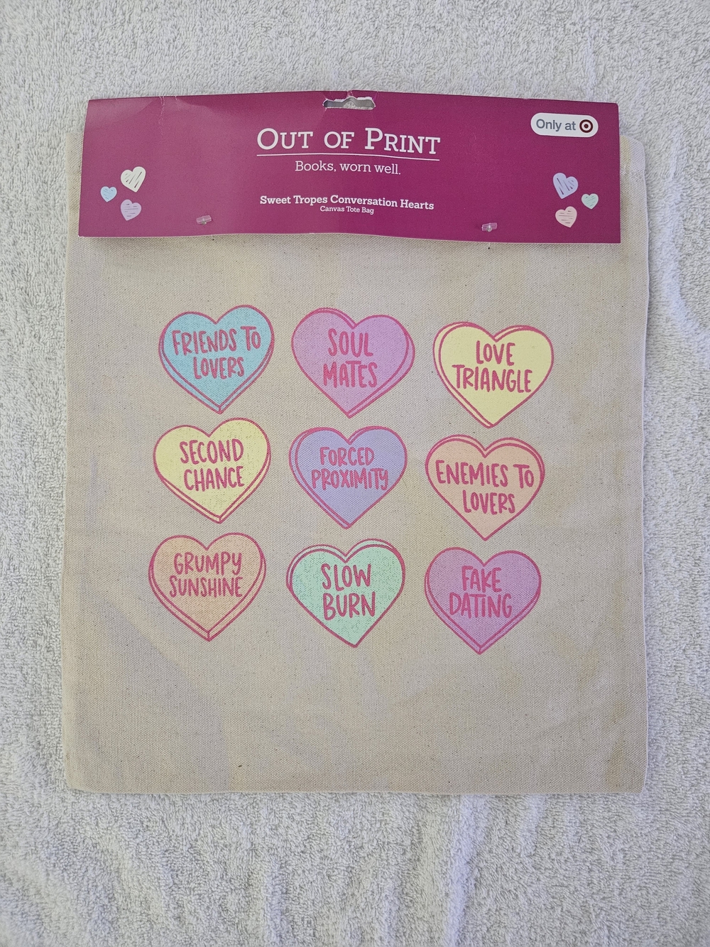 Out of Print Sweet Tropes Conversation Hearts Bookish Canvas Tote Bag NWT